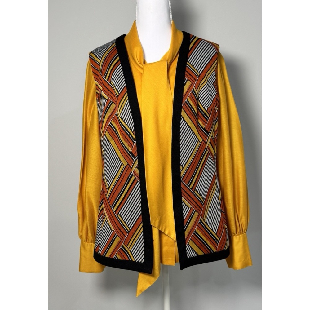 Vintage 70s Mustard Shirt & Geometric Knit Vest Set Retro Boho Mod Festival S/M